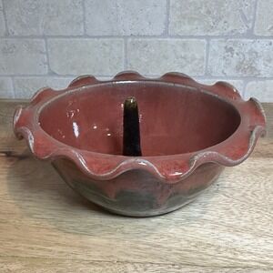 VTG Artisan Pottery Apple Baker Mold 7 Inch Drip Glaze Signed Maroon Scalloped